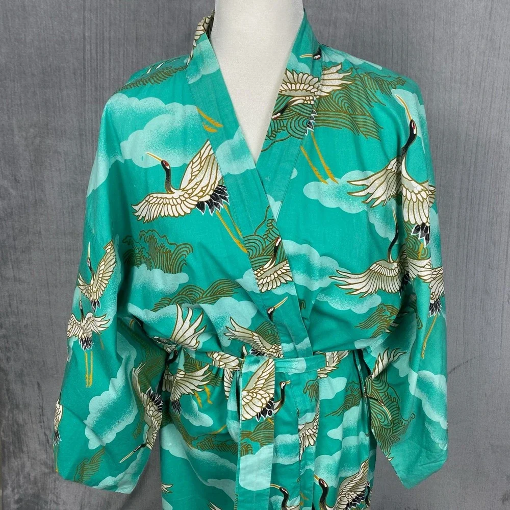 Vtg Passports Pier 1 Kimono Robe Womens OS Crane Bird Print Made in Hong Kong
